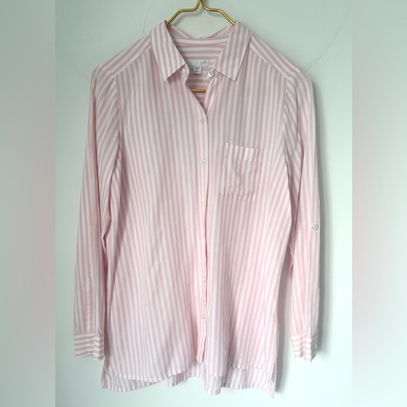 J. Jill Tops - J. Jill Petite Pink White Stripe Lightweight Roll Tab Button Up Shirt Women’s PS